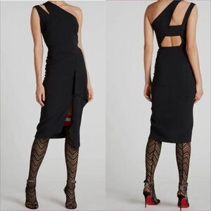 ROLAND MOURET Cutout One-Shoulder Asymmetric Drape Fitted Dress in Burgundy